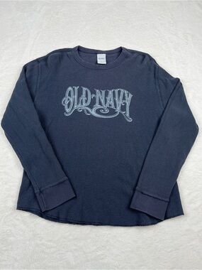 Old Navy Y2K Waffle Knit Logo Long Sleeve Navy Cotton Size L